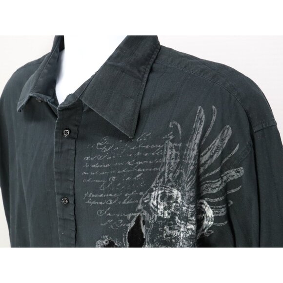 Eighty Eight Mens XL Long Sleeve Button Up Shirt Dark Grey/Black Angel Wings - Picture 3 of 10